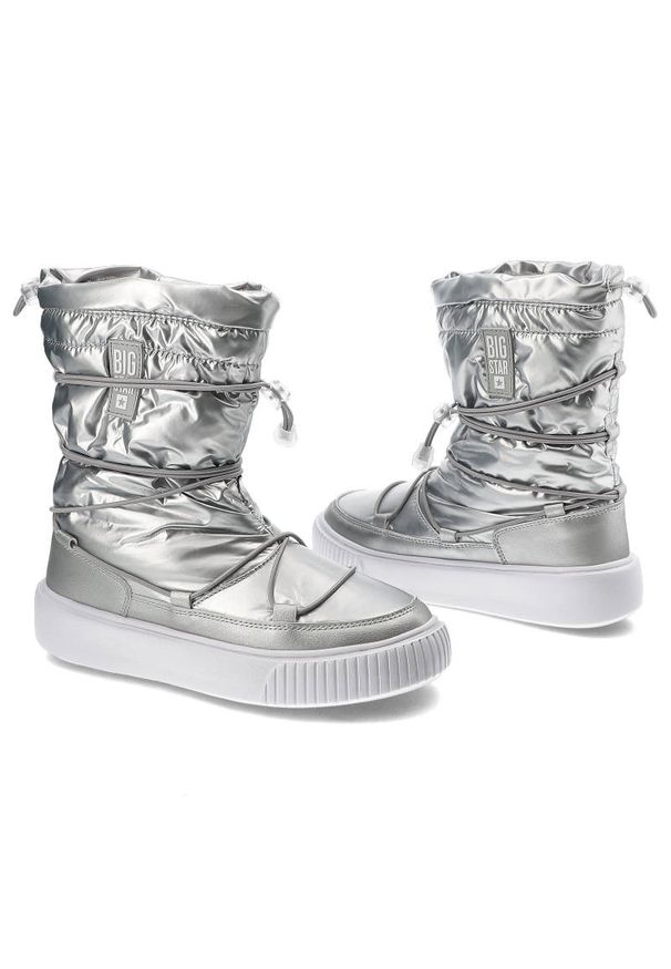 Big-Star - Śniegowce damskie Big Star, z połączenia materiału tekstylnego i syntetycznego z pikowaną metaliczną cholewką regulowanym sznurowaniem, srebrne, KK27. Zapięcie: bez zapięcia. Kolor: srebrny. Materiał: syntetyk, materiał. Szerokość cholewki: normalna. Sezon: zima. Obcas: na platformie. Styl: elegancki