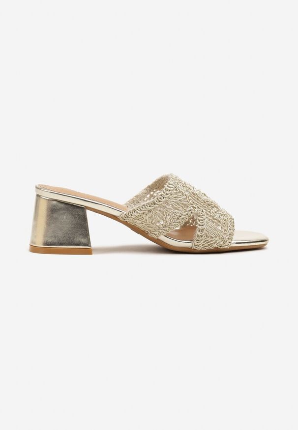 Born2be - Złote Klapki Vices na Obcasie z Plecioną Cholewką Desaviel. Okazja: na co dzień. Kolor: złoty. Materiał: jeans. Obcas: na obcasie. Styl: elegancki, casual. Wysokość obcasa: średni