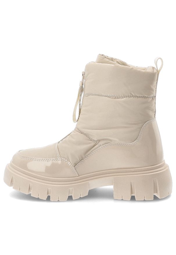 Beżowe Śniegowce Filippo Ocieplane Buty Damskie. Okazja: na spacer. Zapięcie: zamek. Kolor: beżowy. Materiał: materiał. Wzór: napisy. Sezon: zima