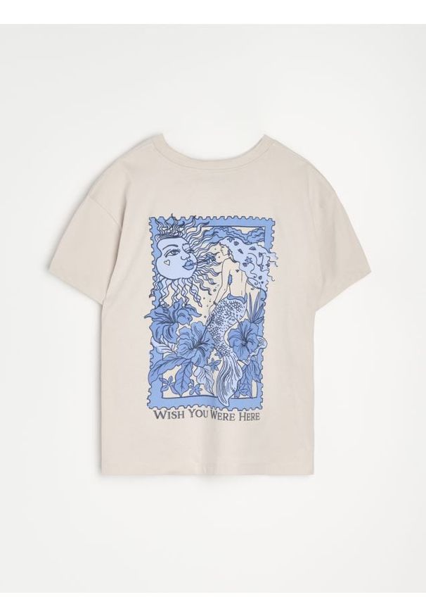 Sinsay - Bawełniana koszulka z nadrukiem na plecach - beżowy. Kolor: beżowy. Materiał: bawełna. Wzór: nadruk