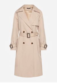 Renee - Beżowy Dwurzędowy Płaszcz Trencz z Paskiem Ninnolia. Okazja: do pracy, na spacer. Kolor: beżowy. Materiał: jeans. Wzór: aplikacja. Styl: klasyczny, elegancki #2
