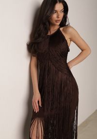 Born2be - Brązowa Koktajlowa Sukienka na Ramiączkach Zdobiona Frędzlami Kelennea. Kolor: brązowy. Długość rękawa: na ramiączkach. Wzór: aplikacja. Typ sukienki: dopasowane. Styl: wizytowy #8