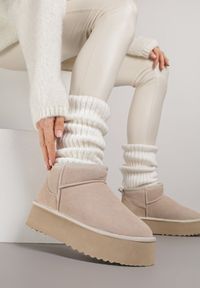 Renee - Beżowe Wsuwane Śniegowce z Zamszu Naturalnego na Grubej Podeszwie Mevilira. Zapięcie: bez zapięcia. Kolor: beżowy. Materiał: zamsz. Styl: elegancki #6