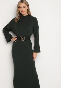 Born2be - Zielona Sweterkowa Sukienka z Wiskozą i Wywiniętymi Rękawami Gebiga. Okazja: na co dzień. Kolor: zielony. Materiał: wiskoza. Styl: klasyczny, elegancki, casual #6