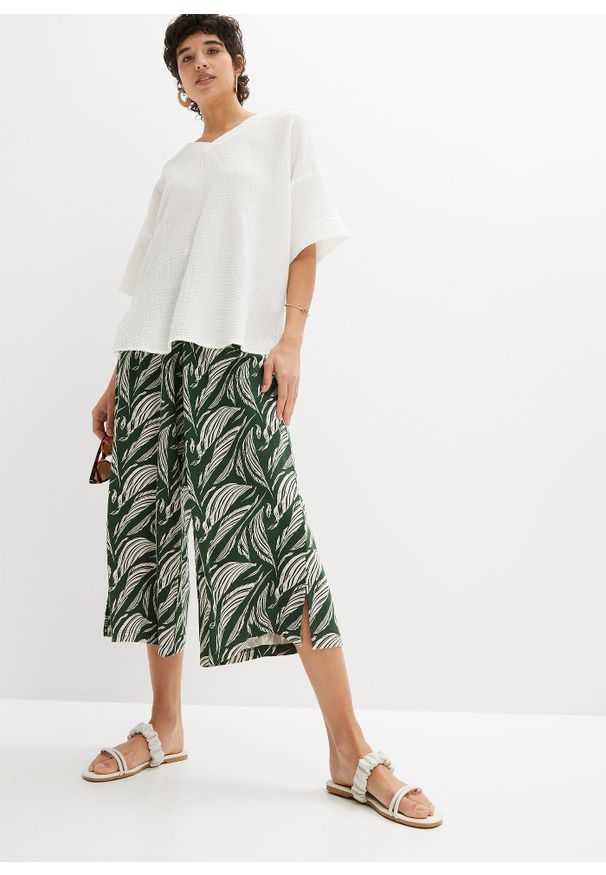 bonprix - Szerokie spodnie z dżerseju z mieszanki bawełny i wiskozy. Kolor: zielony. Materiał: jersey, wiskoza, bawełna. Sezon: lato