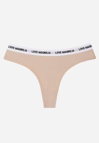 Born2be - Beżowe Majtki Typu Stringi z Bawełną i Napisami Veza. Kolor: beżowy. Materiał: bawełna. Wzór: napisy #1
