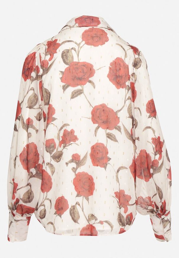 Born2be - Beżowo-Czerwona Koszula w Kwiaty z Transparentnymi Rękawami Heslinea. Okazja: na co dzień. Kolor: beżowy. Materiał: jeans. Wzór: kwiaty. Styl: klasyczny, casual, elegancki