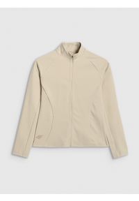 4f - 4F Bluza treningowa slim szybkoschnąca damska - beżowa M. Okazja: na co dzień. Typ kołnierza: kołnierzyk stójkowy, bez kaptura. Kolor: beżowy. Materiał: materiał, włókno, syntetyk. Długość rękawa: raglanowy rękaw. Wzór: gładki. Styl: sportowy, klasyczny, casual. Sport: fitness