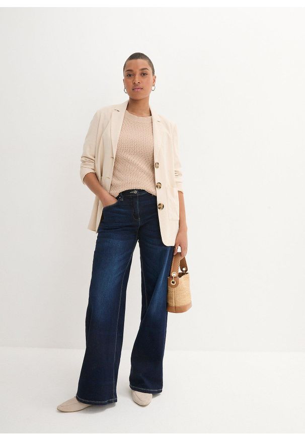 bonprix - Dżinsy Wide Leg, mid waist, z wygodnym paskiem. Kolor: niebieski