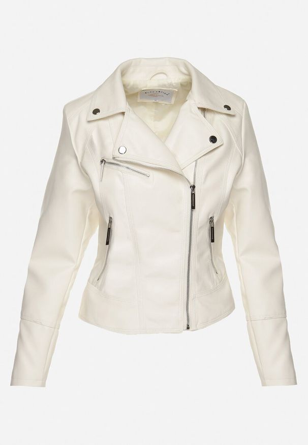 Born2be - Jasnobeżowa Kurtka Ramoneska o Klasycznym Taliowanym Kroju Melonira. Okazja: na co dzień. Kolor: beżowy. Materiał: jeans. Styl: klasyczny