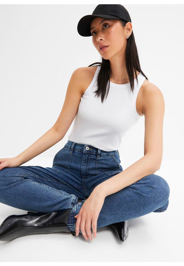 bonprix - Tank top w prążek. Kolor: biały. Materiał: bawełna, jersey. Wzór: prążki