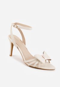 Renee - Beżowe Sandały na Szpilce VICES Ozdobione z Przodu Kokardką Sparkle. Zapięcie: sprzączka. Kolor: beżowy. Materiał: satyna, tiul. Wzór: aplikacja. Obcas: na szpilce #9