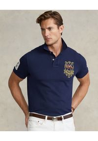 Ralph Lauren - RALPH LAUREN - Granatowa koszulka polo z emblematem Custom Slim Fit. Typ kołnierza: polo. Kolor: niebieski. Materiał: mesh, bawełna. Wzór: ze splotem, aplikacja, haft, kolorowy