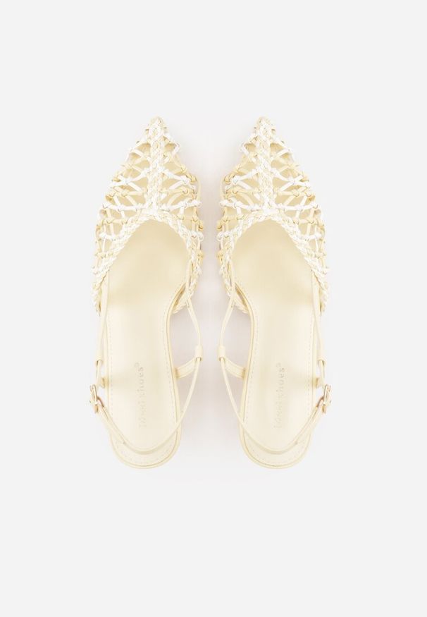 Renee - Żółte Czółenka na Szpilce z Ażurową Szydełkową Cholewką Navioil. Zapięcie: pasek. Kolor: żółty. Materiał: satyna, len. Szerokość cholewki: normalna. Wzór: ażurowy. Obcas: na szpilce. Wysokość obcasa: średni