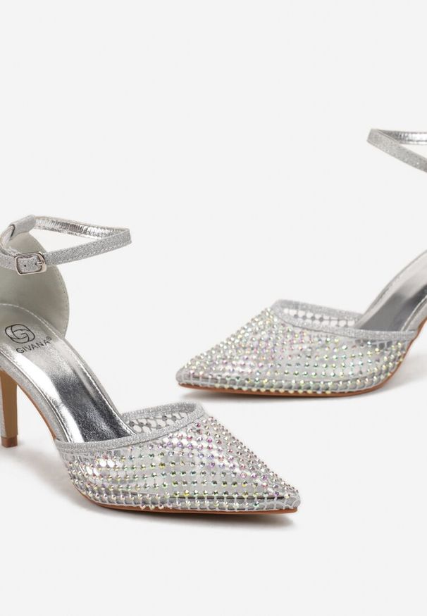 Born2be - Srebrne Sandały na Szpilce z Siateczką w Cyrkonie Heliofa. Kolor: srebrny. Obcas: na szpilce