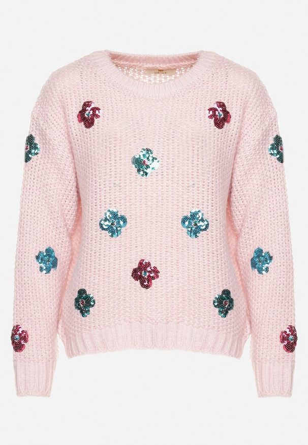 Born2be - Jasnoróżowy Sweter z Tłoczonej Dzianiny z Wiskozą Zdobiony Cekinowymi Kwiatami Edamara. Okazja: na co dzień. Kolor: różowy. Materiał: wiskoza, dzianina. Długość rękawa: długi rękaw. Długość: długie. Wzór: kwiaty, aplikacja. Styl: wizytowy, klasyczny, casual