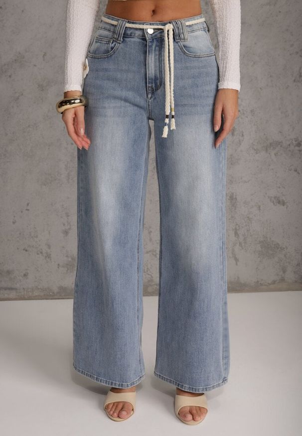 Renee - Niebieskie Szerokie Jeansy z Bawełną High Waist z Paskiem Typu Sznurek Caninna. Stan: podwyższony. Kolor: niebieski. Sezon: wiosna