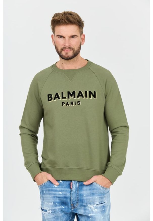 Balmain - BALMAIN Zielona bluza Flock&foil Sweatshirt. Kolor: zielony