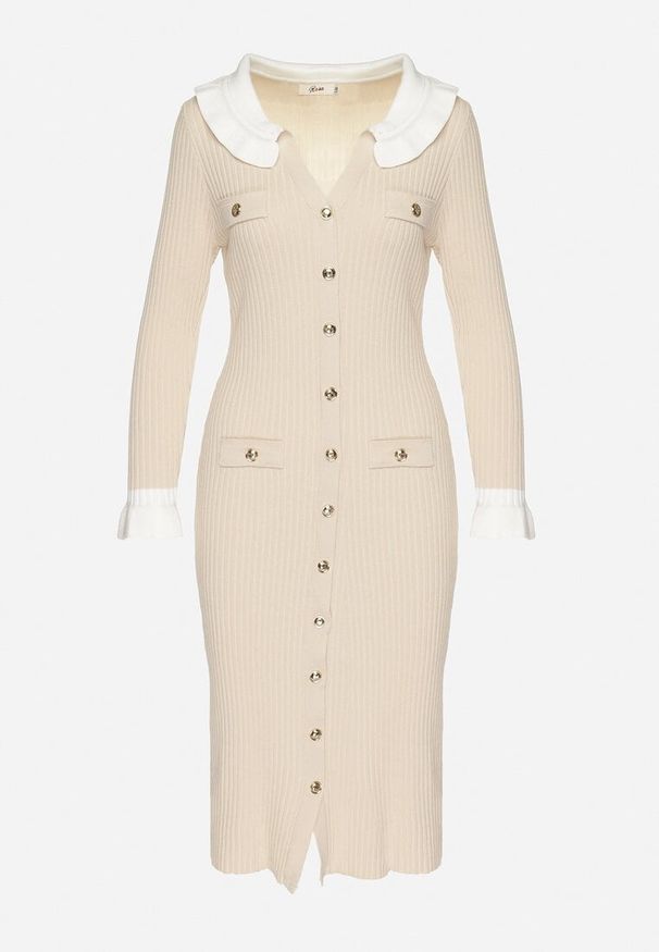 Born2be - Beżowa Sweterkowa Prążkowana Sukienka z Wiskozą Imitacją Kieszeni i Guzikami Rinnora. Okazja: na spacer, na co dzień. Kolor: beżowy. Materiał: wiskoza, prążkowany. Typ sukienki: proste, dopasowane. Styl: casual, klasyczny