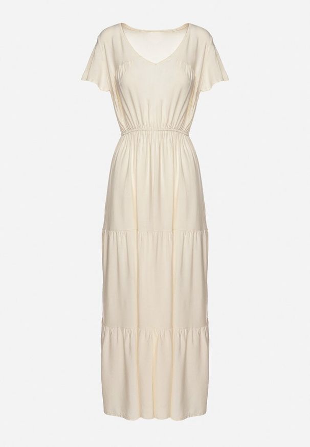 Born2be - Jasnobeżowa Sukienka z Wiskozy o Rozkloszowanym Kroju Folky. Okazja: na co dzień. Typ kołnierza: dekolt w kształcie V. Kolor: beżowy. Materiał: wiskoza. Styl: casual, elegancki