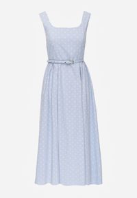 Born2be - Niebieska Bawełniano-Wiskozowa Sukienka Retro w Groszki o Rozkloszowanym Kroju Eviphaia. Okazja: na co dzień. Kolor: niebieski. Materiał: wiskoza, bawełna. Wzór: grochy. Typ sukienki: rozkloszowane. Styl: retro #8