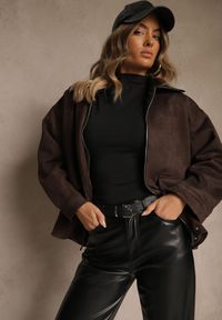 Renee - Brązowa Koszulowa Kurtka Barn Jacket z Imitacji Zamszu Ralasania. Kolor: brązowy. Materiał: zamsz. Wzór: haft