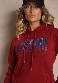 Renee - Bordowy Ocieplany Komplet Dresowy Bawełniany Spodnie Joggery i Bluza Zdobiona Nadrukiem Filoira. Kolor: czerwony. Materiał: dresówka, bawełna. Wzór: aplikacja, nadruk #5