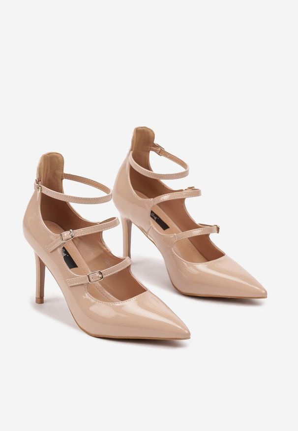 Renee - Beżowe Szpilki Lakierowane Ozdobione Paskami ze Sprzączkami Armiela. Okazja: na co dzień, na imprezę. Zapięcie: pasek. Kolor: beżowy. Materiał: lakier. Wzór: aplikacja. Obcas: na szpilce. Styl: casual, elegancki
