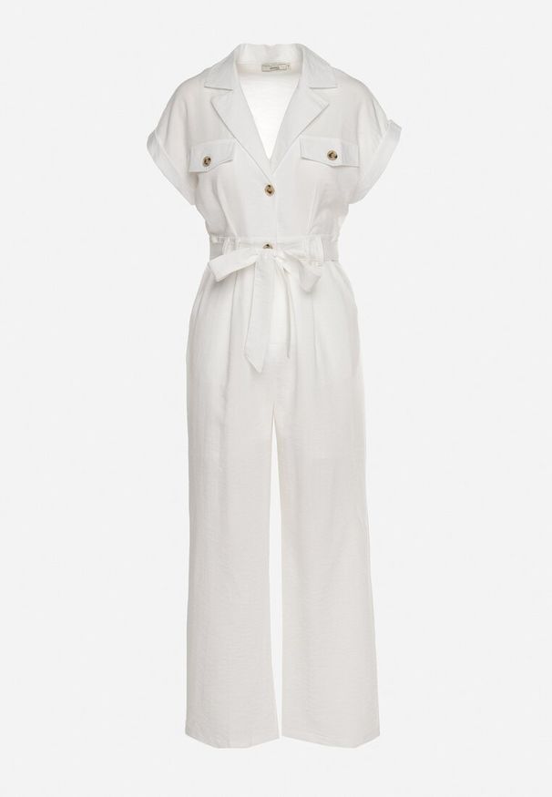 Born2be - Biały Kombinezon z Krótkim Rękawem i Szerokimi Nogawkami z Materiałowym Paskiem Floeria. Okazja: na co dzień. Kolor: biały. Materiał: materiał. Długość rękawa: krótki rękaw. Długość: krótkie. Styl: casual, elegancki, wizytowy