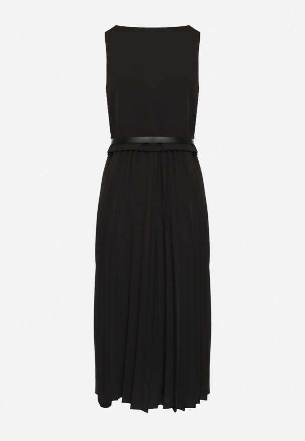 Born2be - Czarna Sukienka Bez Rękawów z Plisami i Paskiem z Klamrą Iffale. Okazja: na spacer, na co dzień. Kolor: czarny. Długość rękawa: bez rękawów. Styl: casual, klasyczny