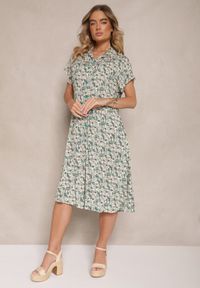 Renee - Zielona Sukienka z Bawełny w Print Paisley o Koszulowym Kroju Celluria. Okazja: na spacer. Typ kołnierza: dekolt w kształcie V. Kolor: zielony. Materiał: bawełna. Długość rękawa: krótki rękaw. Wzór: paisley, nadruk. Typ sukienki: koszulowe #4