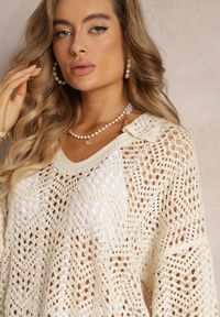 Renee - Beżowa Bawełniana Narzutka Szydełkowa z Trójkątnym Dekoltem Eonsolata. Kolor: beżowy. Materiał: bawełna #4