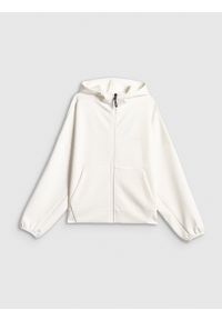 4f - 4F Bluza dresowa regular z kapturem damska - biała XS. Okazja: na co dzień. Typ kołnierza: kaptur. Kolor: biały. Materiał: dresówka. Styl: casual, klasyczny, sportowy #1
