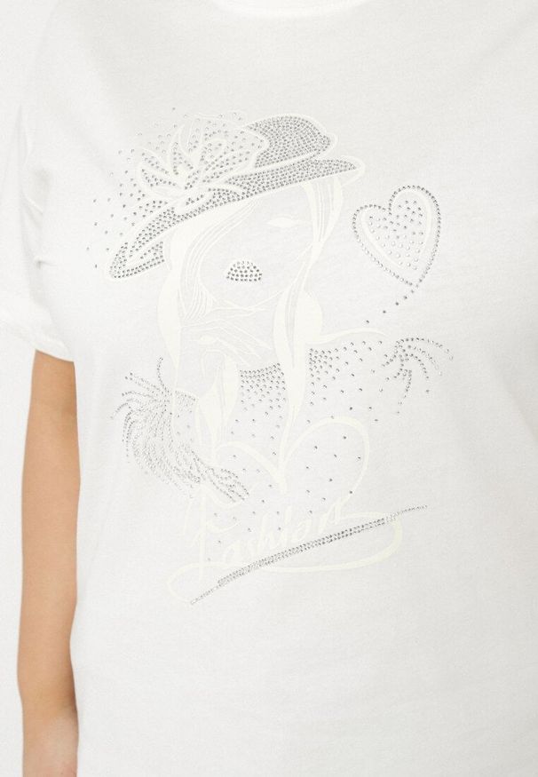 Born2be - Biały T-shirt z Bawełny z Cyrkoniowym Nadrukiem Sovtebia. Okazja: na co dzień. Kolor: biały. Materiał: bawełna. Wzór: nadruk. Sezon: lato. Styl: casual, klasyczny