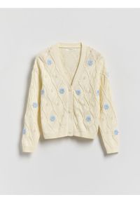 Reserved - Kardigan z kwiatową aplikacją - złamana biel. Materiał: dzianina, bawełna. Wzór: aplikacja, kwiaty #1
