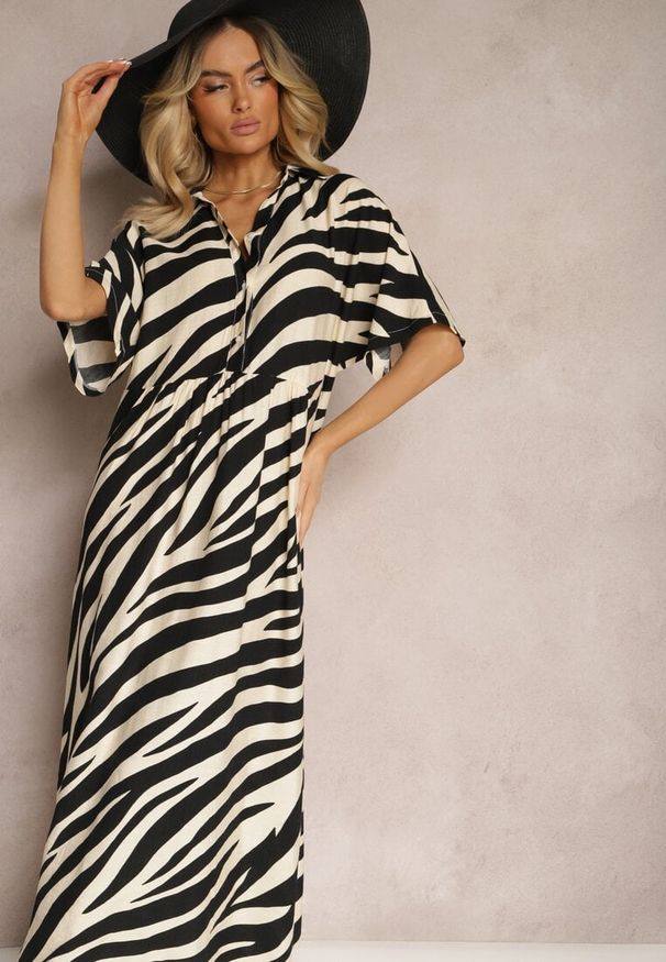 Renee - Czarno-Biała Sukienka Koszulowa z Rękawami Typu Nietoperz i Guzikami Cesolla. Okazja: na co dzień. Kolor: czarny. Materiał: skóra. Wzór: motyw zwierzęcy, paski. Typ sukienki: koszulowe. Styl: casual