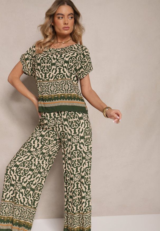 Renee - Ciemnozielony Komplet Spodnie i Bluzka z Bawełny w Ornamentalny Print Nanitria. Kolor: zielony. Materiał: bawełna. Wzór: nadruk