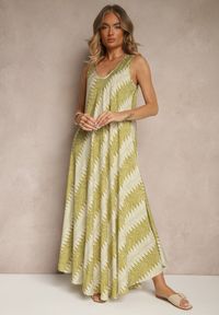 Renee - Zielona Rozkloszowana Sukienka z Geometrycznym Wzorem Lumire. Kolor: zielony. Materiał: skóra. Wzór: geometria. Styl: elegancki
