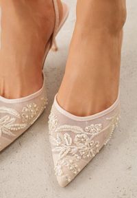 Renee - Beżowe Siateczkowe Czółenka na Szpilce z Haftami i Perełkami Branira. Okazja: na imprezę. Zapięcie: pasek. Kolor: beżowy. Wzór: haft. Obcas: na szpilce. Styl: elegancki #4