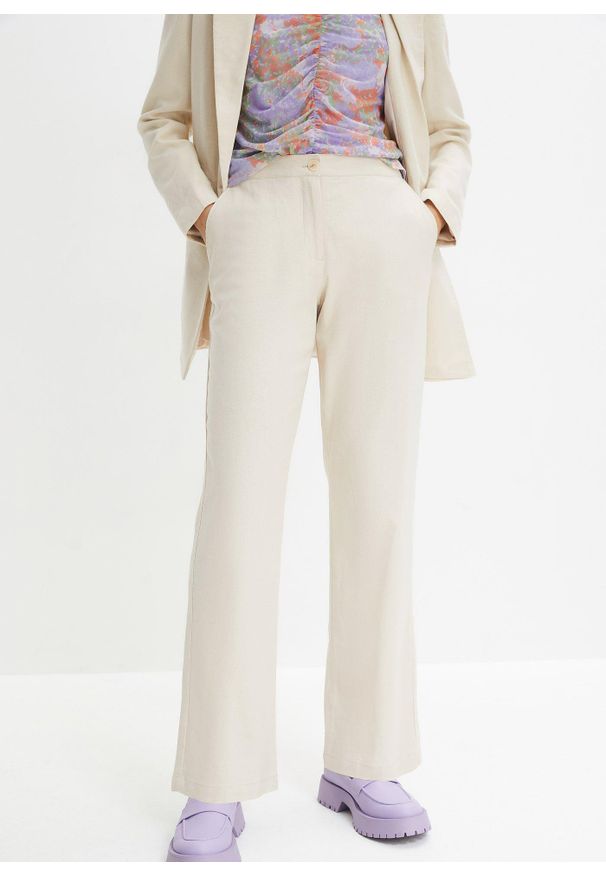 bonprix - Spodnie high-waist z mieszanki wiskozy z lnem. Stan: podwyższony. Kolor: beżowy. Materiał: wiskoza, len