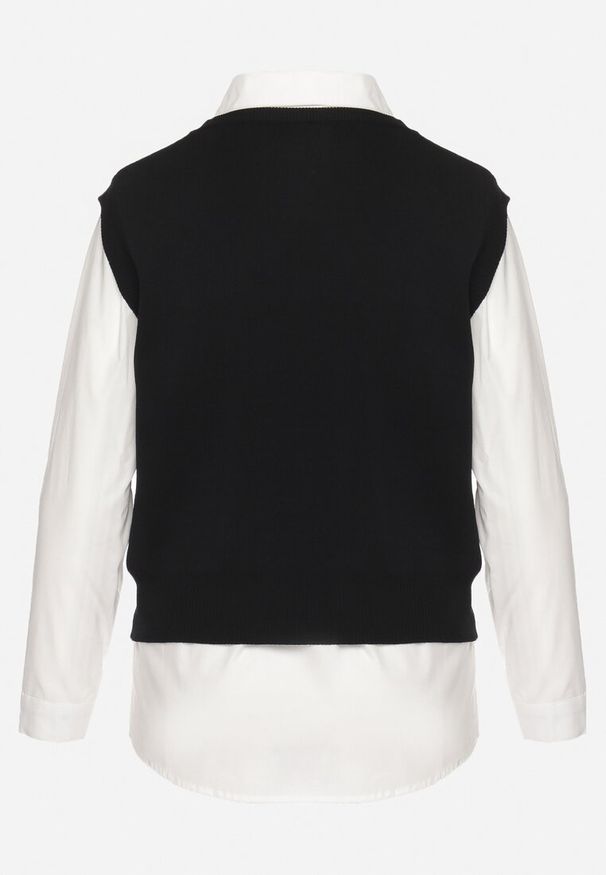 Born2be - Czarna Kamizelka z Prążkowanej Dzianiny z Klasyczną Koszulą Verisande. Okazja: na co dzień. Kolor: czarny. Materiał: prążkowany, dzianina. Styl: klasyczny