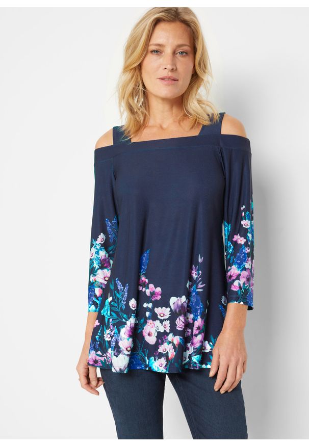 bonprix - Shirt cold-shoulder, z kwiatowym nadrukiem. Kolor: niebieski. Wzór: nadruk, kwiaty