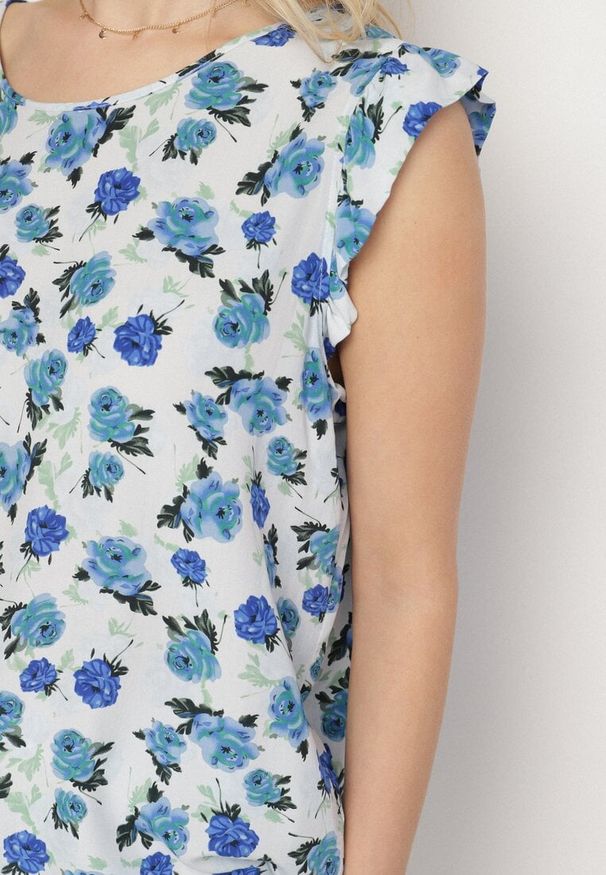 Born2be - Niebieska Bawełniana Bluzka w Kwiaty Naperia. Okazja: na co dzień. Kolor: niebieski. Materiał: bawełna. Wzór: kwiaty. Styl: elegancki, casual
