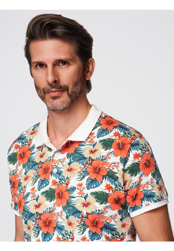 Ombre Clothing - Koszulka polo bawełniana z nadrukiem w kwiaty – biała V1 - Rozmiar: L. Okazja: na co dzień. Typ kołnierza: polo. Kolor: biały. Materiał: bawełna. Wzór: kwiaty, nadruk. Sezon: lato. Styl: elegancki, wakacyjny, casual