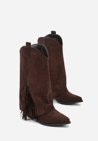 Born2be - Brązowe Botki Typu Kowbojki na Stożkowym Obcasie z Frędzlami Reinella. Okazja: na co dzień. Kolor: brązowy. Materiał: jeans. Obcas: na obcasie. Styl: casual, klasyczny. Wysokość obcasa: średni #5