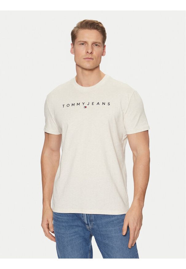 Tommy Jeans T-Shirt Linear Logo DM0DM20744 Beżowy Regular Fit. Kolor: beżowy. Materiał: bawełna