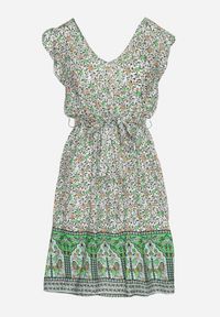 Born2be - Zielona Wiskozowa Sukienka o Rozkloszowanym Kroju z Wiązanym Paskiem Sepona. Okazja: na co dzień. Typ kołnierza: dekolt w kształcie V. Kolor: zielony. Materiał: wiskoza. Wzór: aplikacja. Styl: casual, elegancki #3