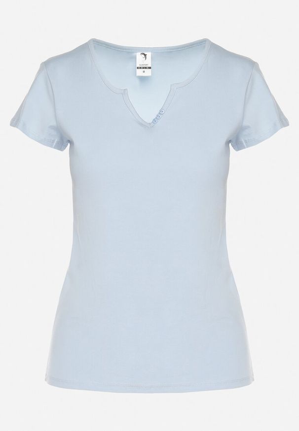 Born2be - Jasnoniebieski Bawełniany T-shirt z Trójkątnym Dekoltem Ulivaria. Okazja: na co dzień. Kolor: niebieski. Materiał: bawełna. Sezon: wiosna, lato. Styl: casual