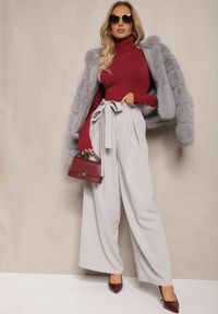 Renee - Szare Eleganckie Spodnie w Garniturowym Stylu High Waist Ozdobione Paskiem w Talii Wenelsea. Okazja: do pracy. Stan: podwyższony. Kolor: szary. Długość: długie. Wzór: aplikacja. Styl: elegancki