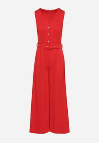 Born2be - Czerwony Taliowany Kombinezon z Wiskozą Ozdobiony Paskiem Ralinelle. Okazja: na imprezę. Kolor: czerwony. Materiał: wiskoza. Wzór: aplikacja. Styl: elegancki, klasyczny #7